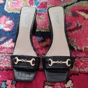 Steven Black Croc Mules with Gold Detail